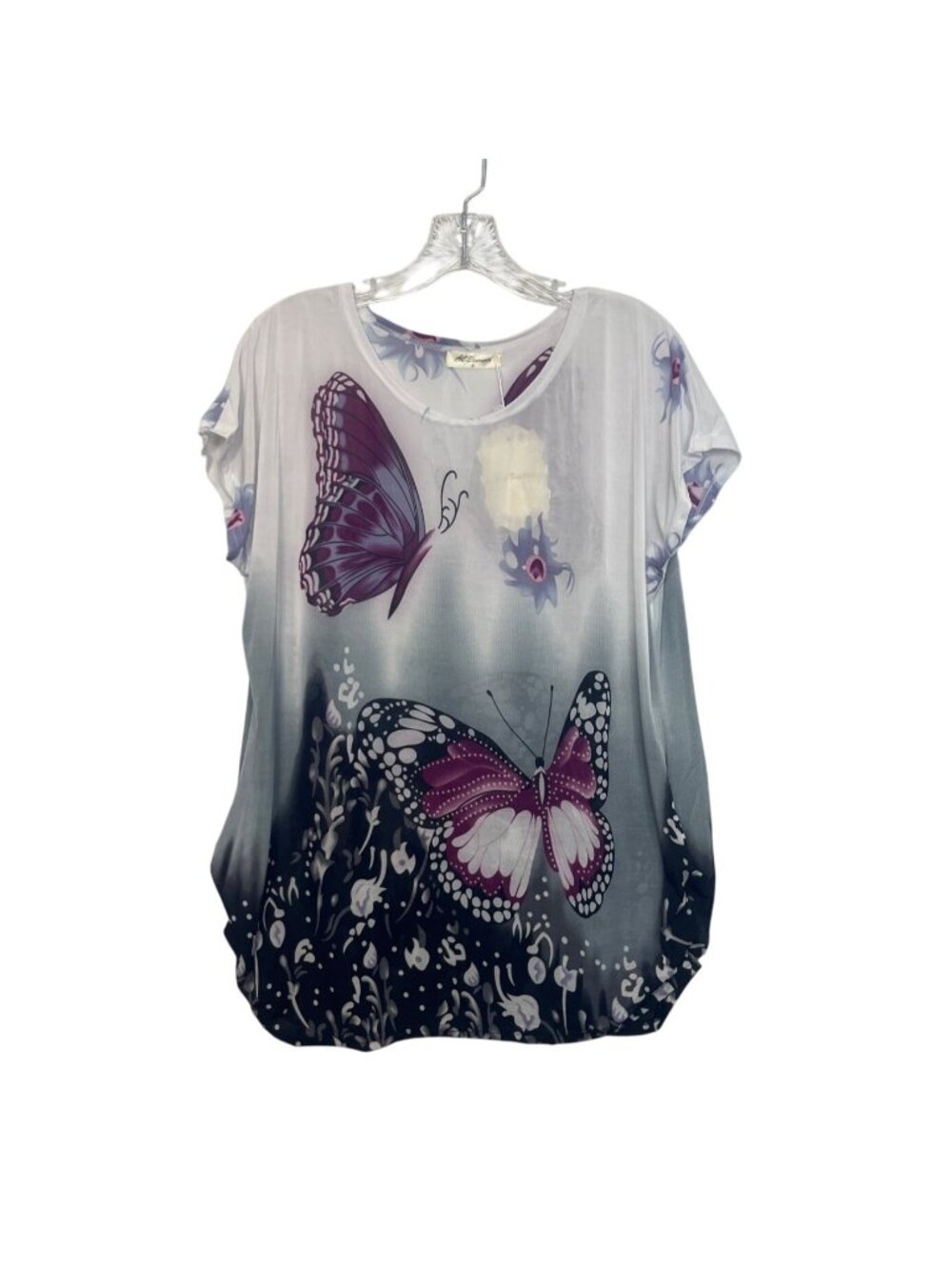 Ace Fashion Butterfly Print Short Sleeve Shirt Top Womens Small Gray Pink New